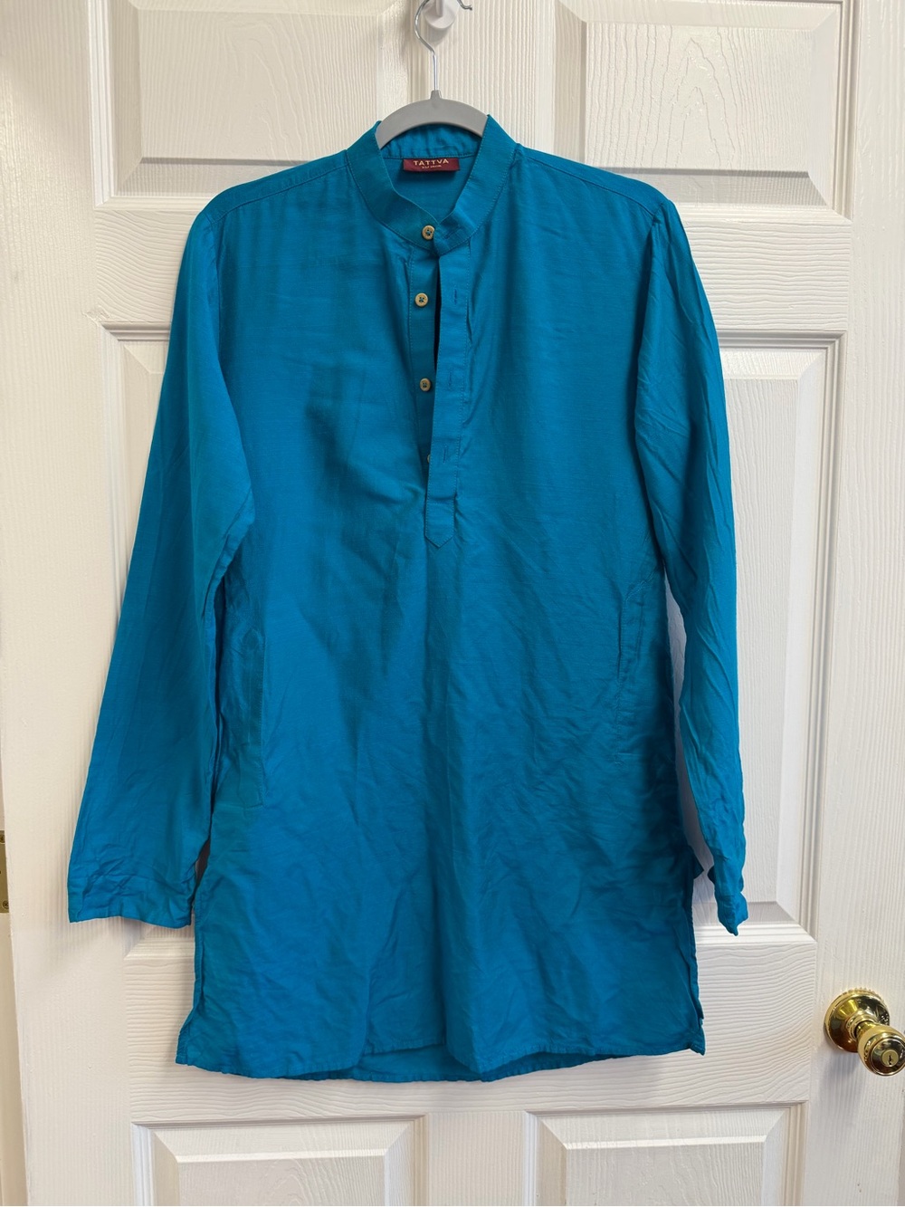 Men's Teal Band-Collar Kurta Shirt Jacket